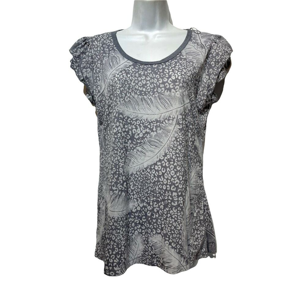Vintage Suzie petite short Ruffle sleeve Gray feather shirt Size PL